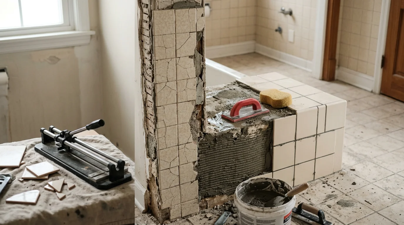 Freshly replaced floor tile in a residential bathroom in Halethorpe, MD, showing clean grout lines and a flat, even surface after old cracked tile was removed. The finished installation covers a wet area with properly prepped substrate visible at the edge of the work zone.