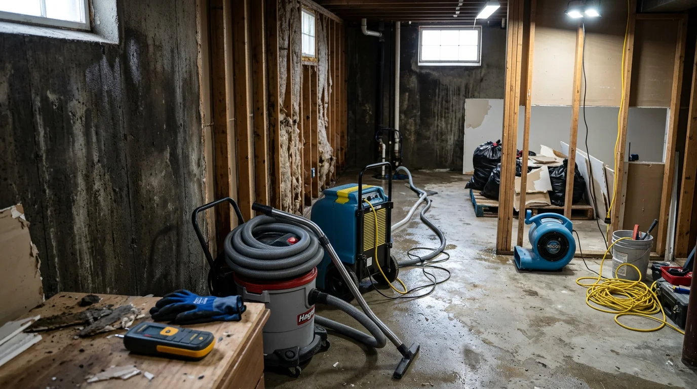 A water-damaged room in a Halethorpe, MD home showing extracted flooring and drying equipment placed against saturated drywall. A contractor inspects the exposed subfloor and wall framing for structural moisture damage.