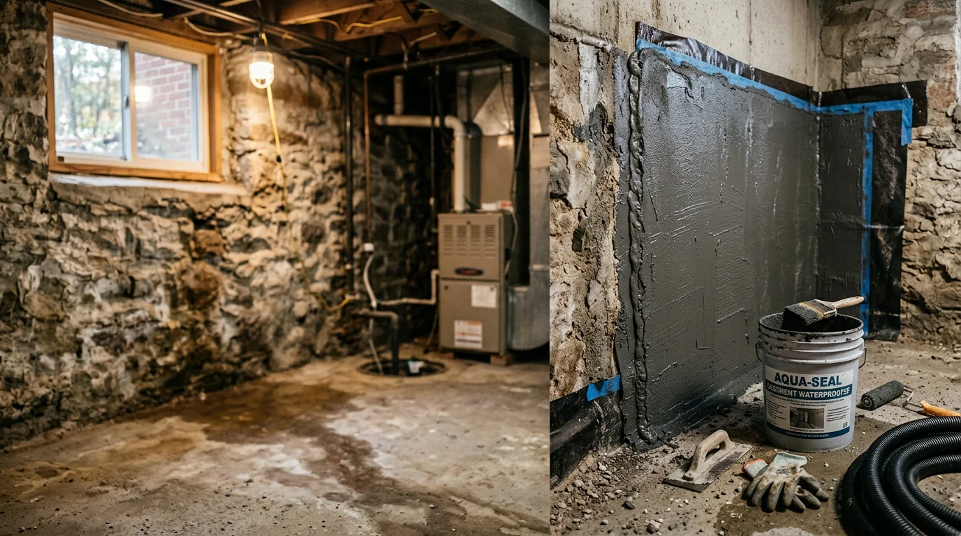 A waterproofed basement foundation wall in a Halethorpe, MD home showing sealed concrete and a drainage channel along the floor perimeter. A dry, clean basement interior after professional waterproofing work completed by a local Maryland contractor.