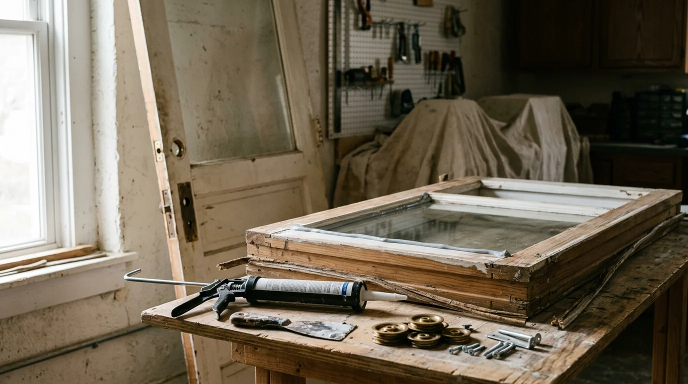 A repaired exterior door frame on a residential home in Halethorpe, MD, showing corrected alignment and restored weatherstripping along the door edge. A technician from R&R Construction And Restoration Service's LLC inspects the finished repair from the exterior.