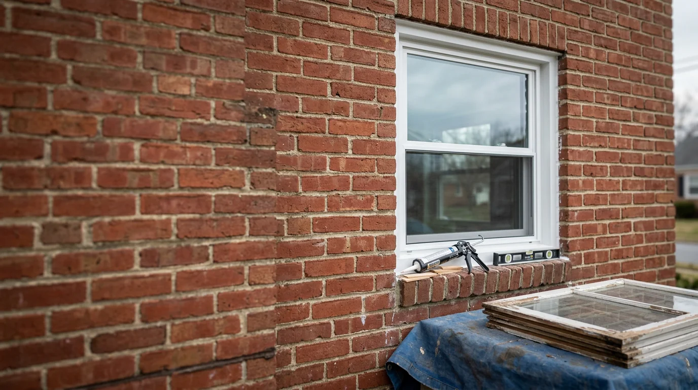 A contractor removing an old window frame from a residential home in Halethorpe, MD, with a new replacement window unit staged and ready to be fitted into the cleared opening.